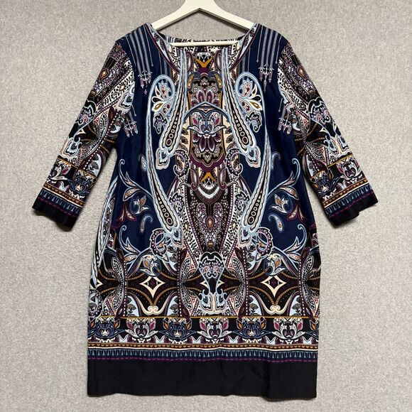 Chico's Size 3, 16, XL  Blue Paisley Ponte Knit Shift Knee Length Dress - Picture 1 of 7